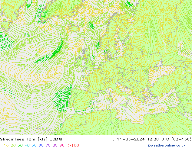 Streamlines 10m ECMWF Tu 11.06.2024 12 UTC