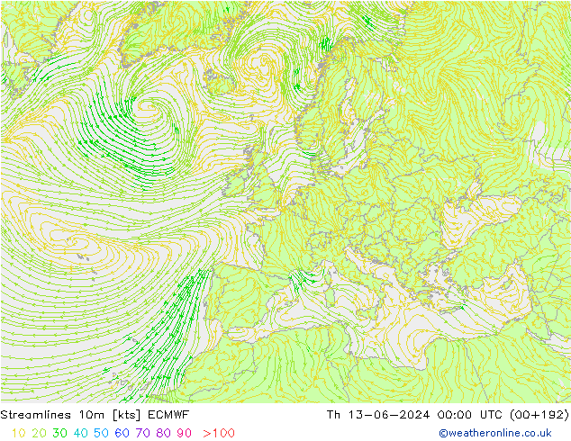 Streamlines 10m ECMWF Čt 13.06.2024 00 UTC