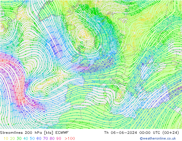 Streamlines 200 hPa ECMWF Th 06.06.2024 00 UTC