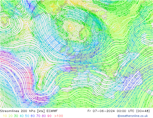 Streamlines 200 hPa ECMWF Fr 07.06.2024 00 UTC