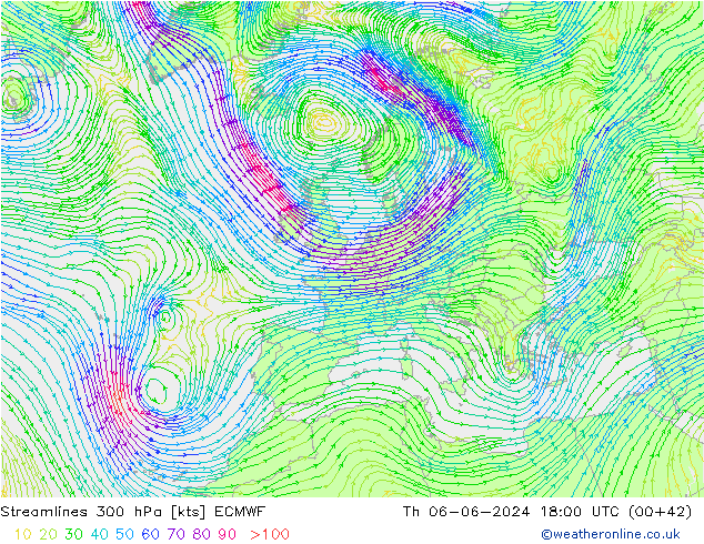 Streamlines 300 hPa ECMWF Čt 06.06.2024 18 UTC