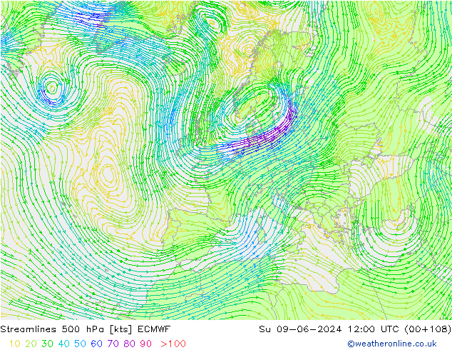 Streamlines 500 hPa ECMWF Su 09.06.2024 12 UTC