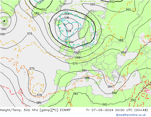 Z500/Rain (+SLP)/Z850 ECMWF Pá 07.06.2024 00 UTC