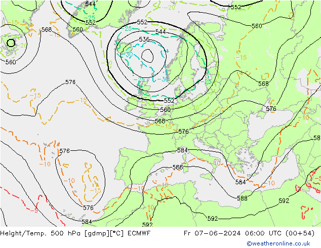 Hoogte/Temp. 500 hPa ECMWF vr 07.06.2024 06 UTC