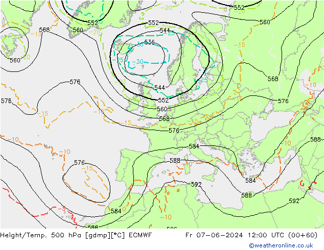 Z500/Rain (+SLP)/Z850 ECMWF Fr 07.06.2024 12 UTC