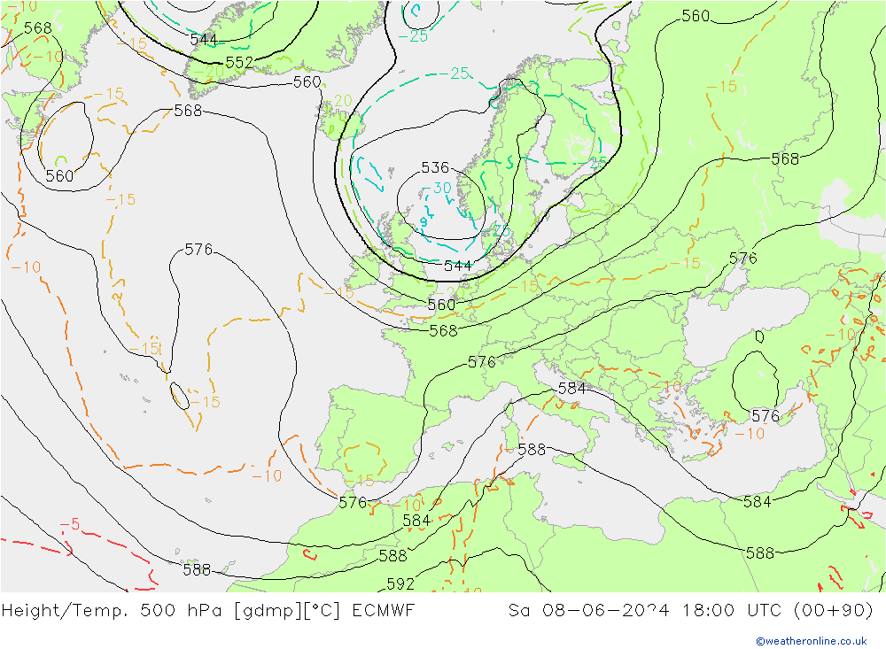 Hoogte/Temp. 500 hPa ECMWF za 08.06.2024 18 UTC