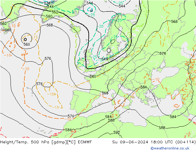 Hoogte/Temp. 500 hPa ECMWF zo 09.06.2024 18 UTC