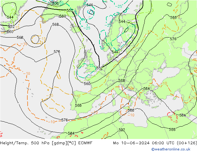 Z500/Rain (+SLP)/Z850 ECMWF Po 10.06.2024 06 UTC