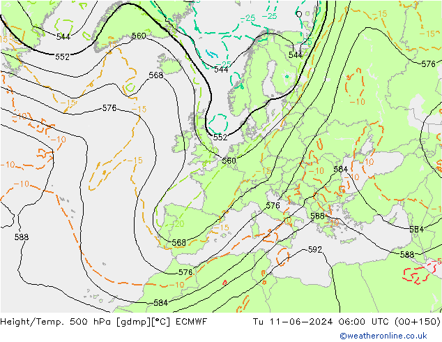 Z500/Rain (+SLP)/Z850 ECMWF Tu 11.06.2024 06 UTC