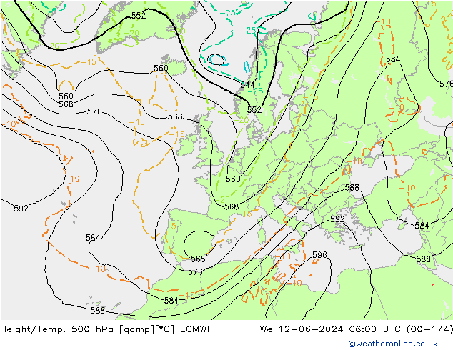 Height/Temp. 500 hPa ECMWF śro. 12.06.2024 06 UTC