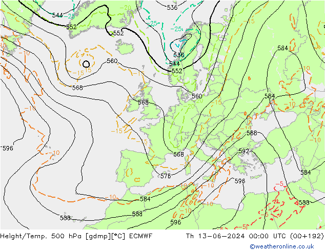 Z500/Rain (+SLP)/Z850 ECMWF Th 13.06.2024 00 UTC