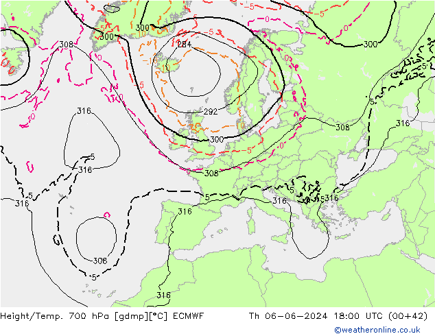 Height/Temp. 700 hPa ECMWF Do 06.06.2024 18 UTC