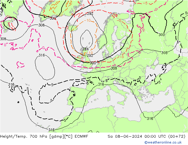 Height/Temp. 700 hPa ECMWF so. 08.06.2024 00 UTC