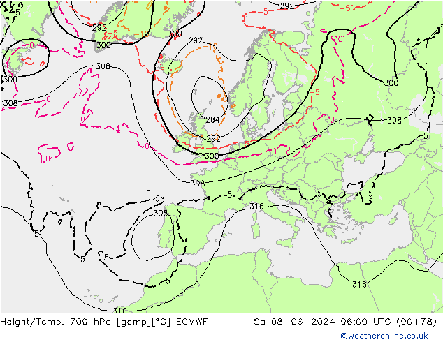 Géop./Temp. 700 hPa ECMWF sam 08.06.2024 06 UTC