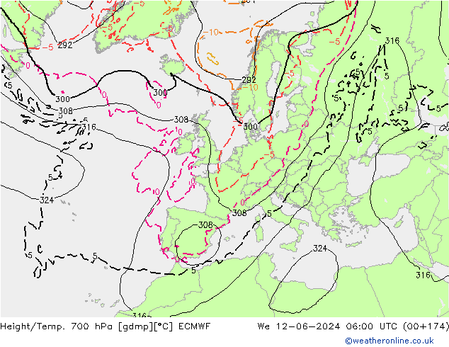 Height/Temp. 700 hPa ECMWF Qua 12.06.2024 06 UTC