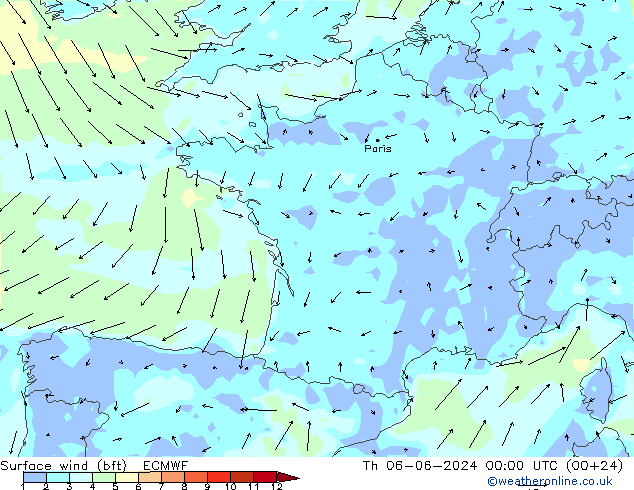 Vent 10 m (bft) ECMWF jeu 06.06.2024 00 UTC