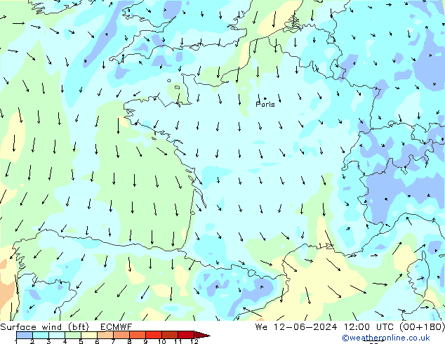 Vent 10 m (bft) ECMWF mer 12.06.2024 12 UTC