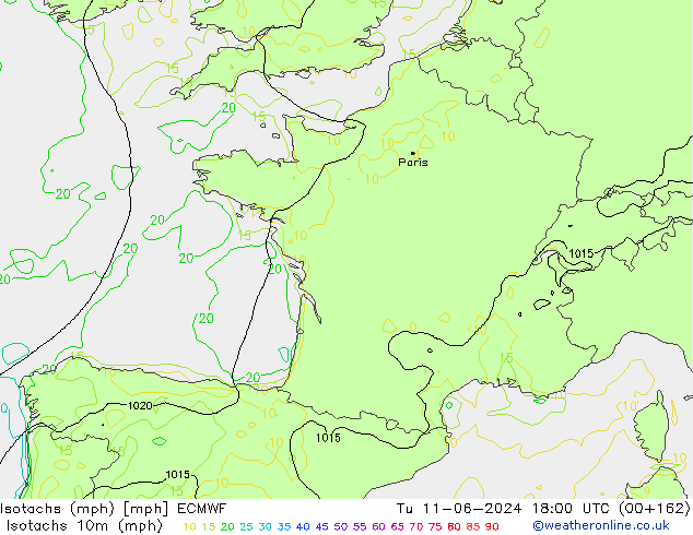 Isotachs (mph) ECMWF  11.06.2024 18 UTC