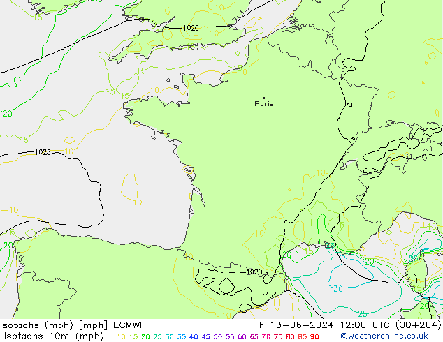 Isotachs (mph) ECMWF Čt 13.06.2024 12 UTC