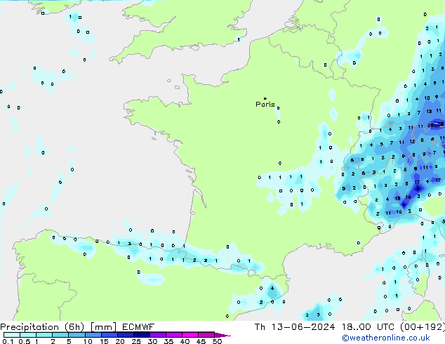 Z500/Rain (+SLP)/Z850 ECMWF gio 13.06.2024 00 UTC