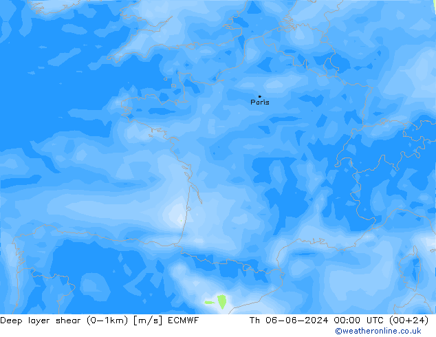 Deep layer shear (0-1km) ECMWF Do 06.06.2024 00 UTC