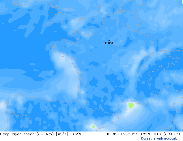 Deep layer shear (0-1km) ECMWF  06.06.2024 18 UTC