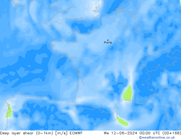 Deep layer shear (0-1km) ECMWF Mi 12.06.2024 00 UTC