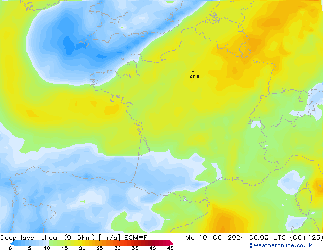 Deep layer shear (0-6km) ECMWF  10.06.2024 06 UTC