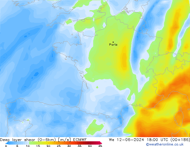 Deep layer shear (0-6km) ECMWF mer 12.06.2024 18 UTC