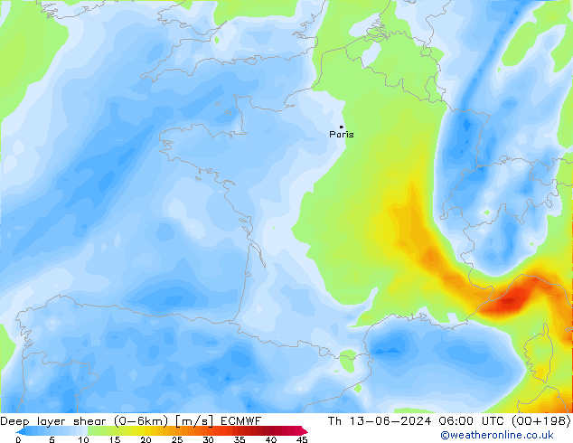 Deep layer shear (0-6km) ECMWF Th 13.06.2024 06 UTC