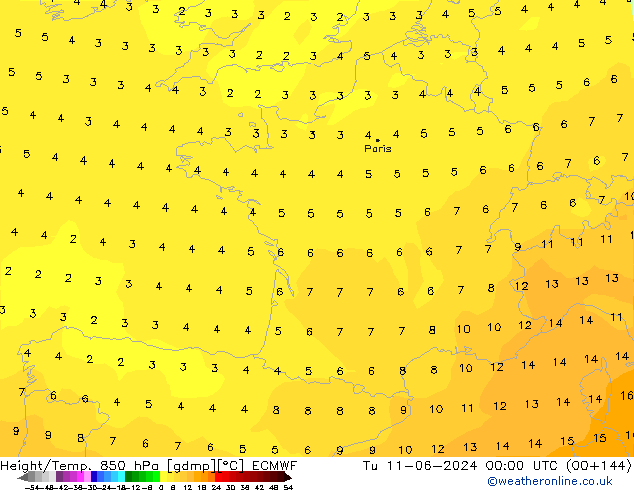 Geop./Temp. 850 hPa ECMWF mar 11.06.2024 00 UTC