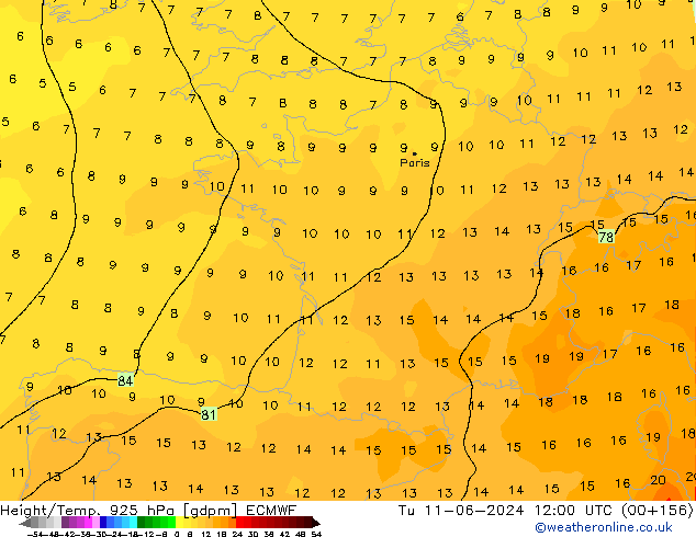 Hoogte/Temp. 925 hPa ECMWF di 11.06.2024 12 UTC