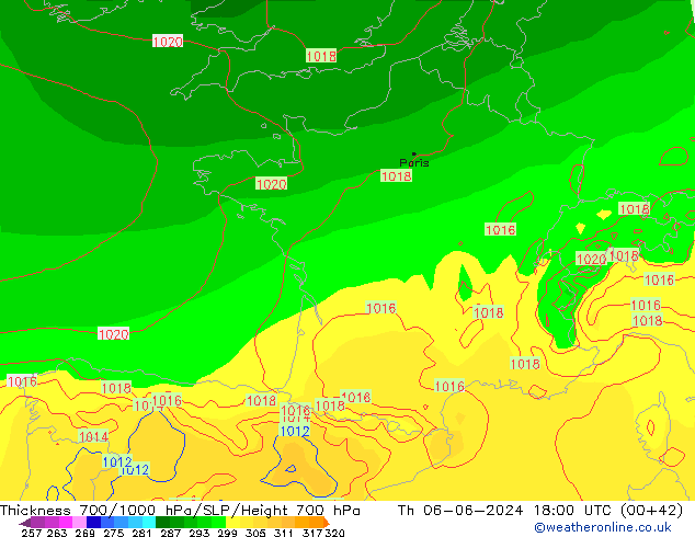 Thck 700-1000 hPa ECMWF Qui 06.06.2024 18 UTC