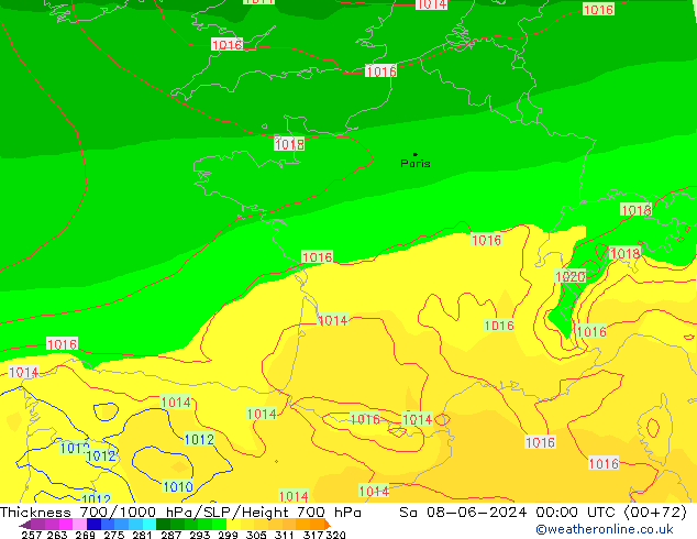 Thck 700-1000 hPa ECMWF Sáb 08.06.2024 00 UTC