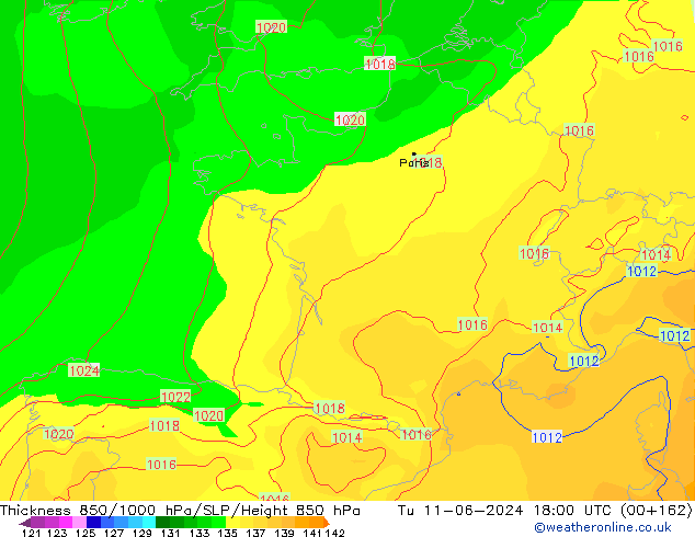 Dikte 850-1000 hPa ECMWF di 11.06.2024 18 UTC