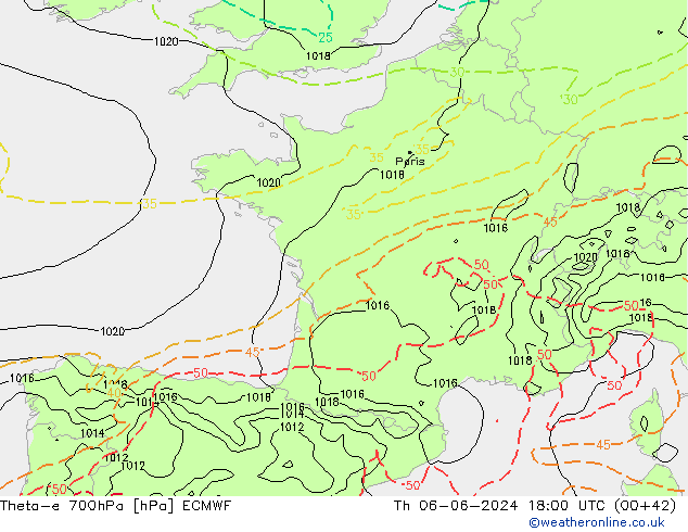 Theta-e 700hPa ECMWF Qui 06.06.2024 18 UTC