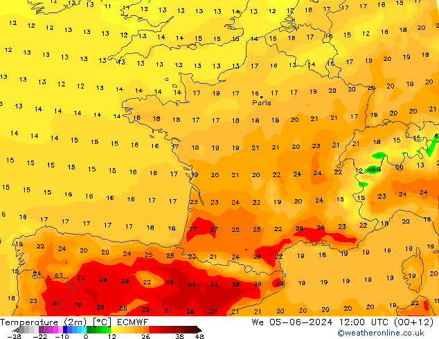 Temperatura (2m) ECMWF mer 05.06.2024 12 UTC