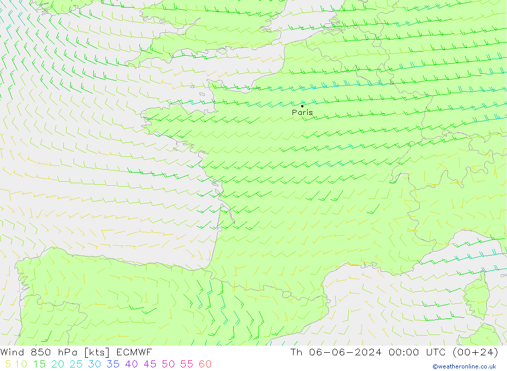 Wind 850 hPa ECMWF Th 06.06.2024 00 UTC