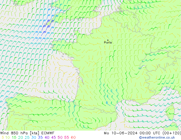 wiatr 850 hPa ECMWF pon. 10.06.2024 00 UTC