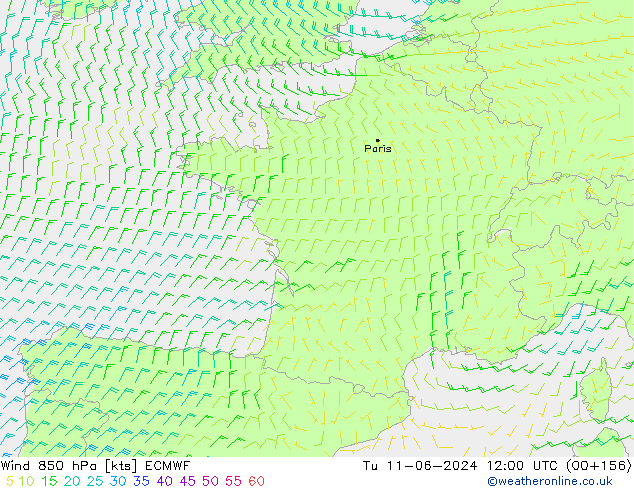 Wind 850 hPa ECMWF Tu 11.06.2024 12 UTC