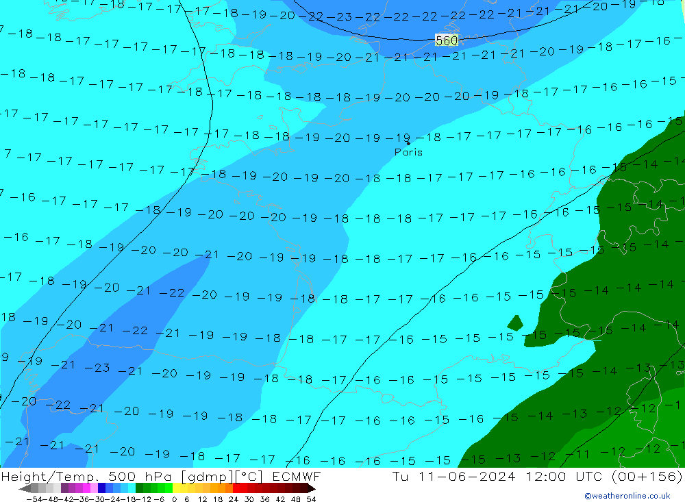 Z500/Rain (+SLP)/Z850 ECMWF wto. 11.06.2024 12 UTC