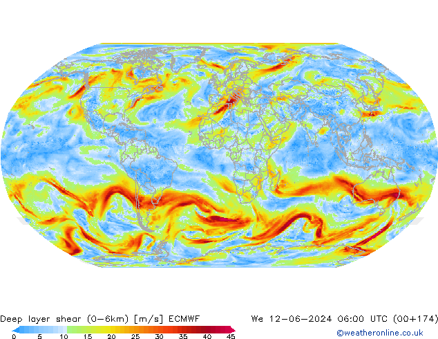 Deep layer shear (0-6km) ECMWF We 12.06.2024 06 UTC