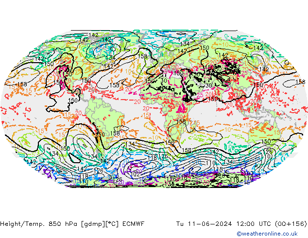 Z500/Rain (+SLP)/Z850 ECMWF Út 11.06.2024 12 UTC