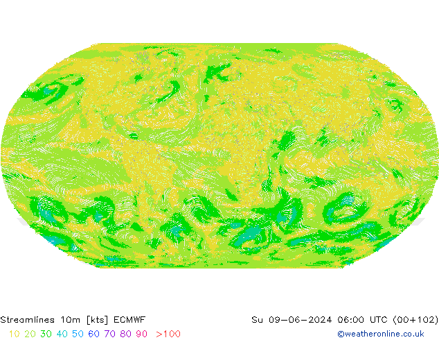 Stroomlijn 10m ECMWF zo 09.06.2024 06 UTC