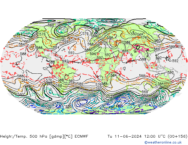 Z500/Rain (+SLP)/Z850 ECMWF Út 11.06.2024 12 UTC