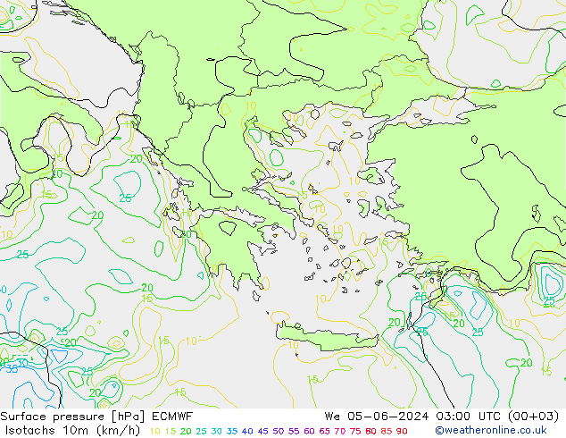 Isotachs (kph) ECMWF mer 05.06.2024 03 UTC