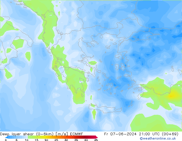 Deep layer shear (0-6km) ECMWF Cu 07.06.2024 21 UTC