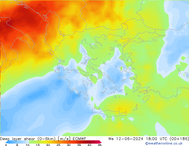 Deep layer shear (0-6km) ECMWF mer 12.06.2024 18 UTC