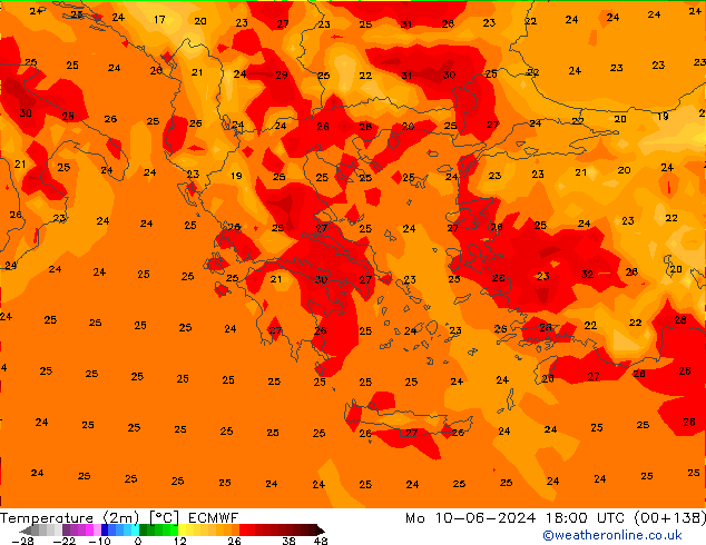 Temperatura (2m) ECMWF lun 10.06.2024 18 UTC