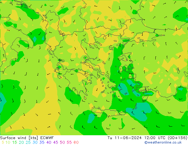 Surface wind ECMWF Út 11.06.2024 12 UTC